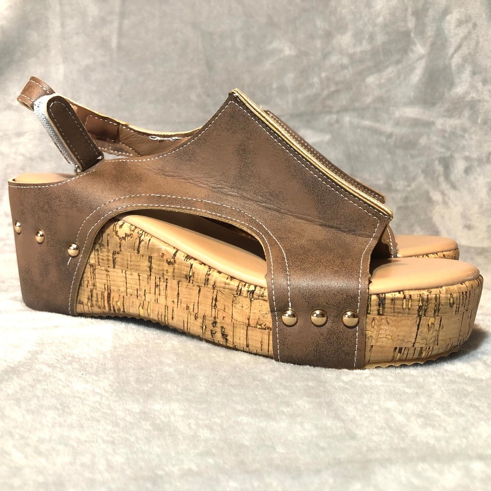 Womens Brown Faux Leather Cork Wedge Platform Sandals Size 42 Studded Slingback
